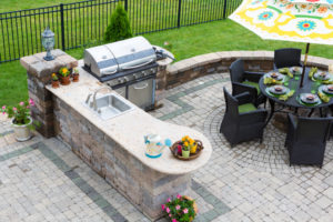 Outdoor Patio Space with umbrella, barbeque, sink modern 2023 design