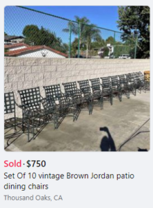 10 high value vintage brown jordan patio dining chairs sold for $750