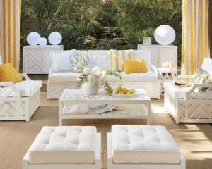 Arrange Balanced Patio Furniture with white ottomans, chairs, and couches