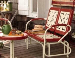 vintage patio furniture red white rot iron bench